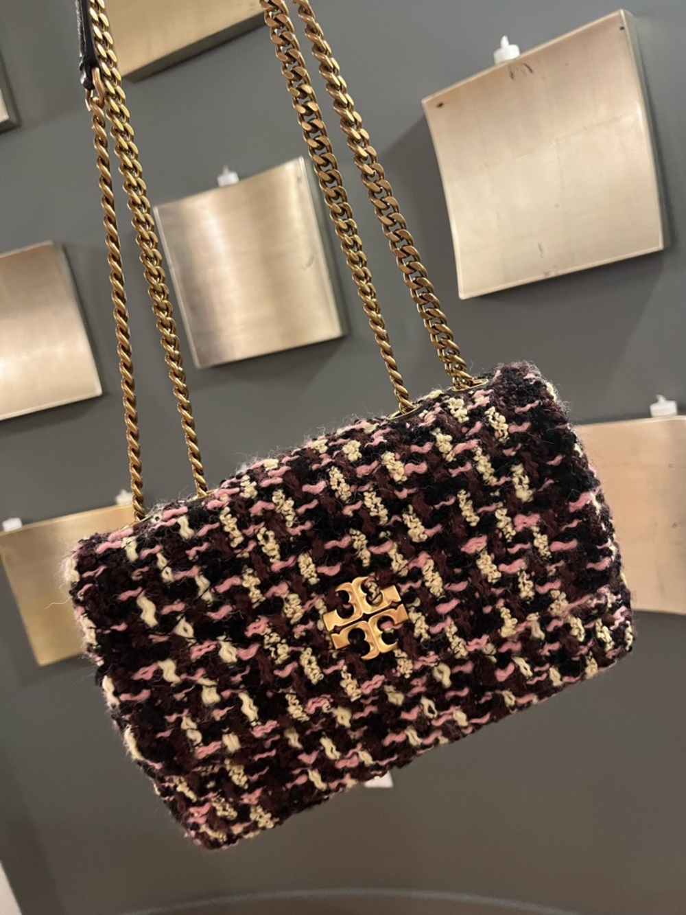Tory Burch Pink, Black & Cream Tweed Chain Shoulder Bag